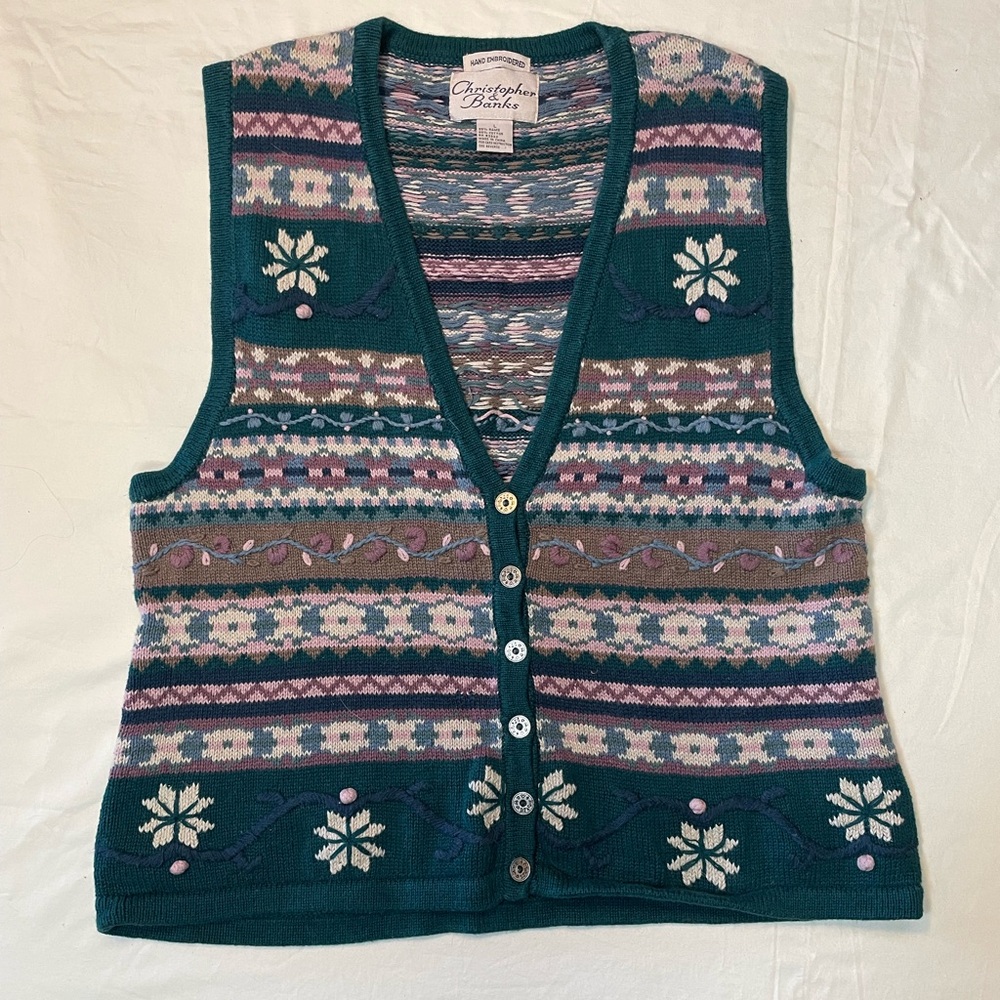 Vintage 90s Hand Embroidered Knitted Sweater Vest Size Large